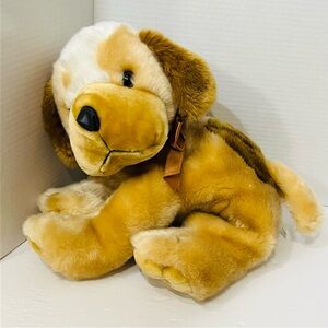 SKM Floppy Puppy Dog Plush White Tan Gold Bow 13 Inch Stuffed Animal Soft Velour